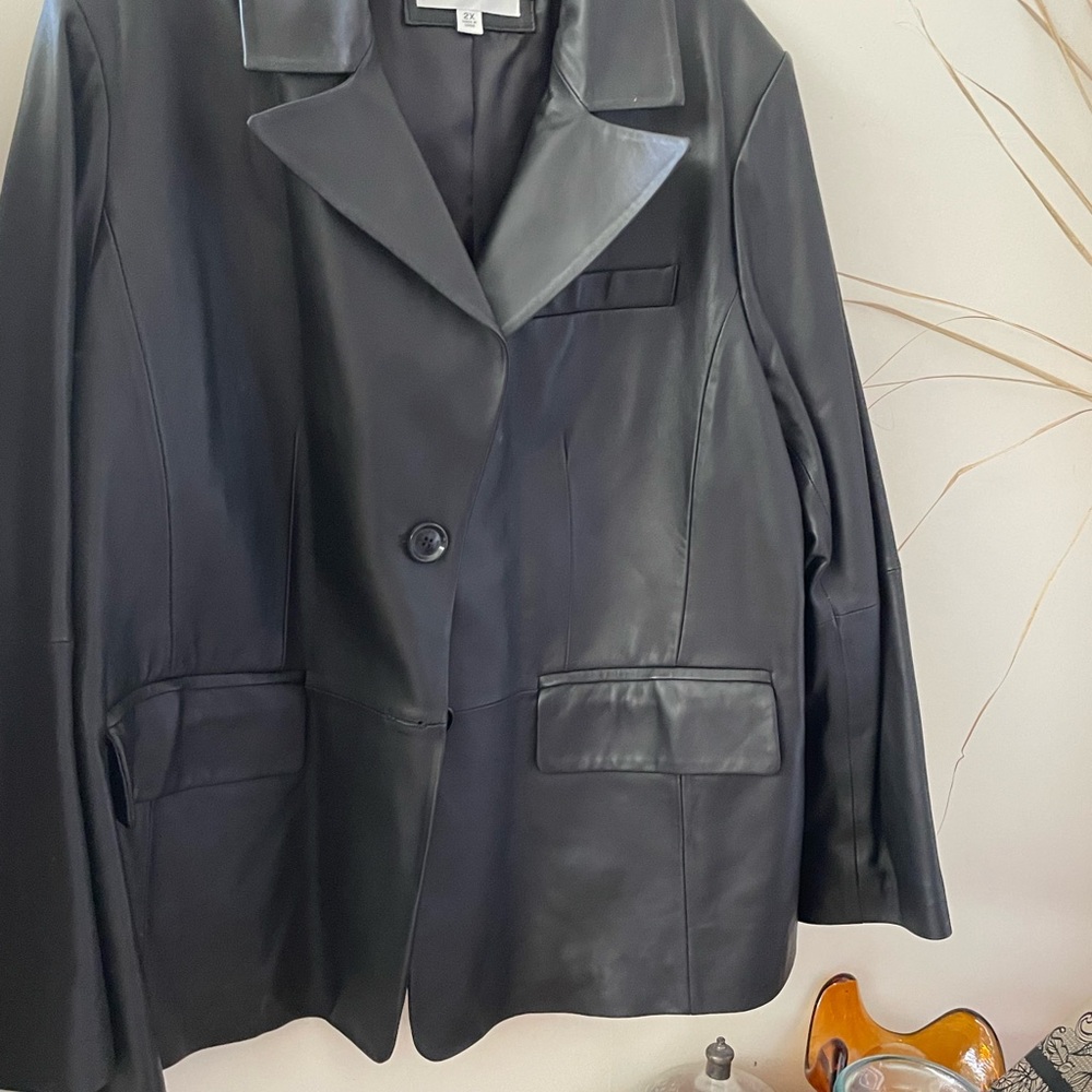 Anne Klein Black Leather Blazer with Notch Lapel